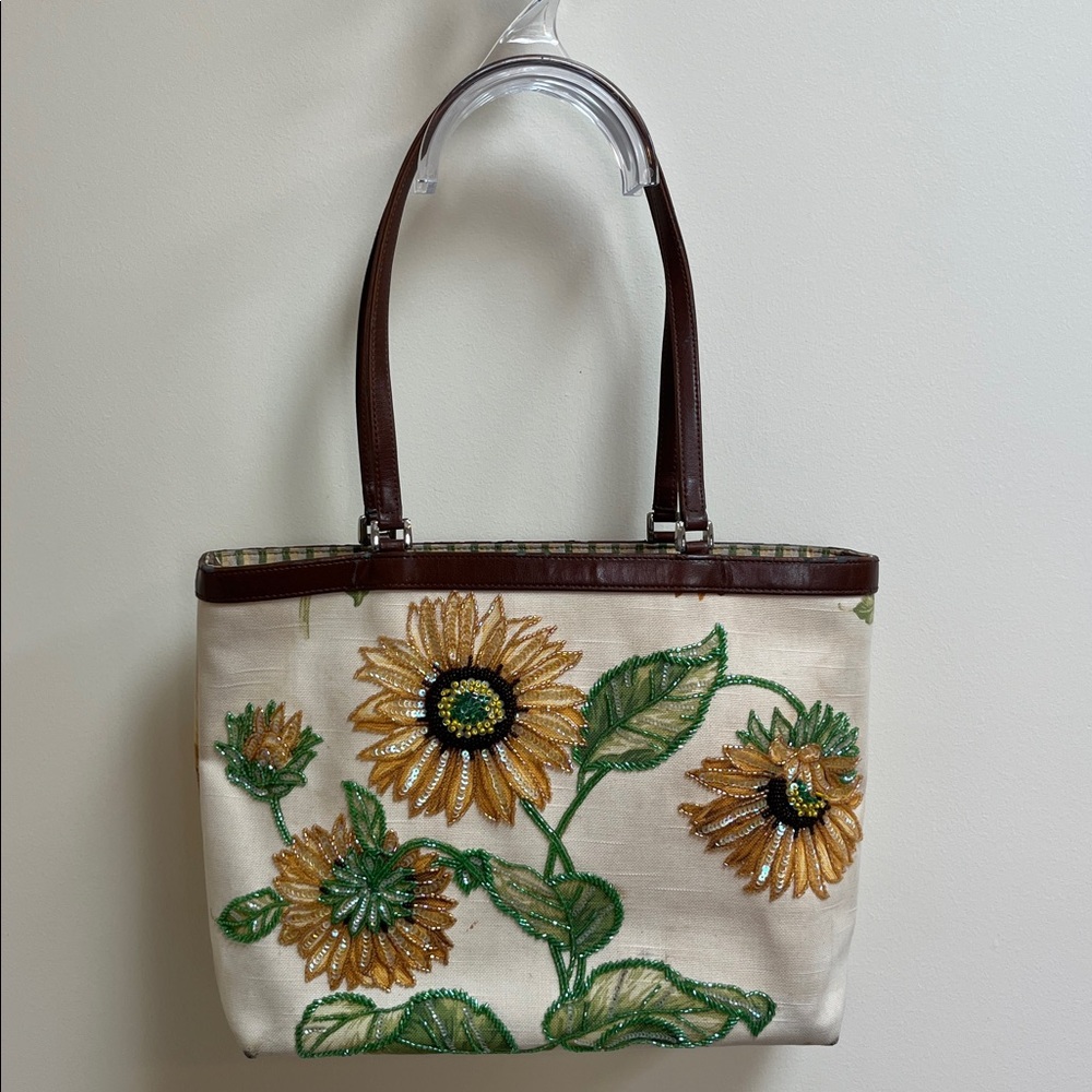 Isabella Fiore Floral Beaded Tote Bag with Brown Handles